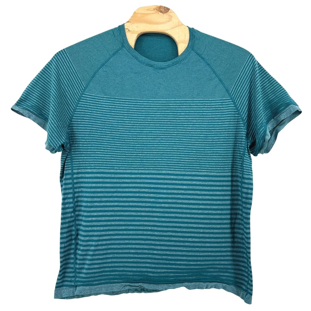Fabletics Mens Short Sleeve Training Tee Teal Striped Activewear Shirt L/XL
